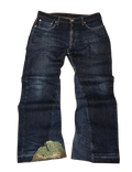 R3VIVED Levis 512 custom dark wash denim bootcut jeans with unique camo pattern distressed detailing