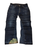 R3VIVED Levis 512 custom dark wash denim bootcut jeans with unique camo pattern distressed detailing
