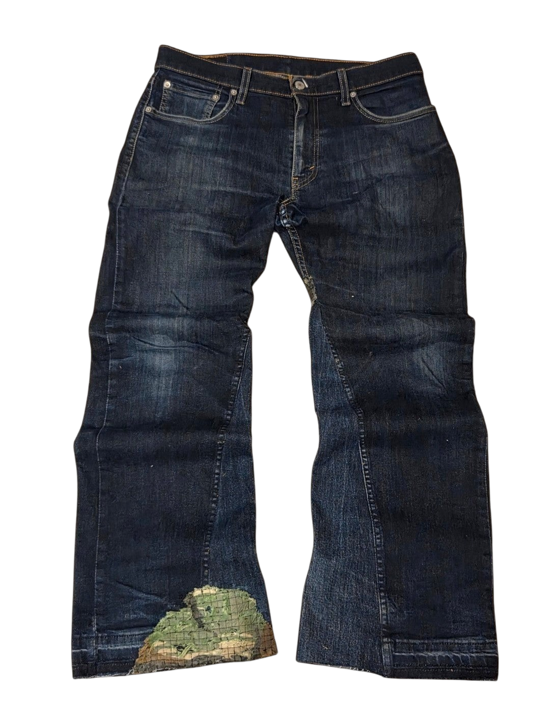 R3VIVED Levis 512 custom dark wash denim bootcut jeans with unique camo pattern distressed detailing