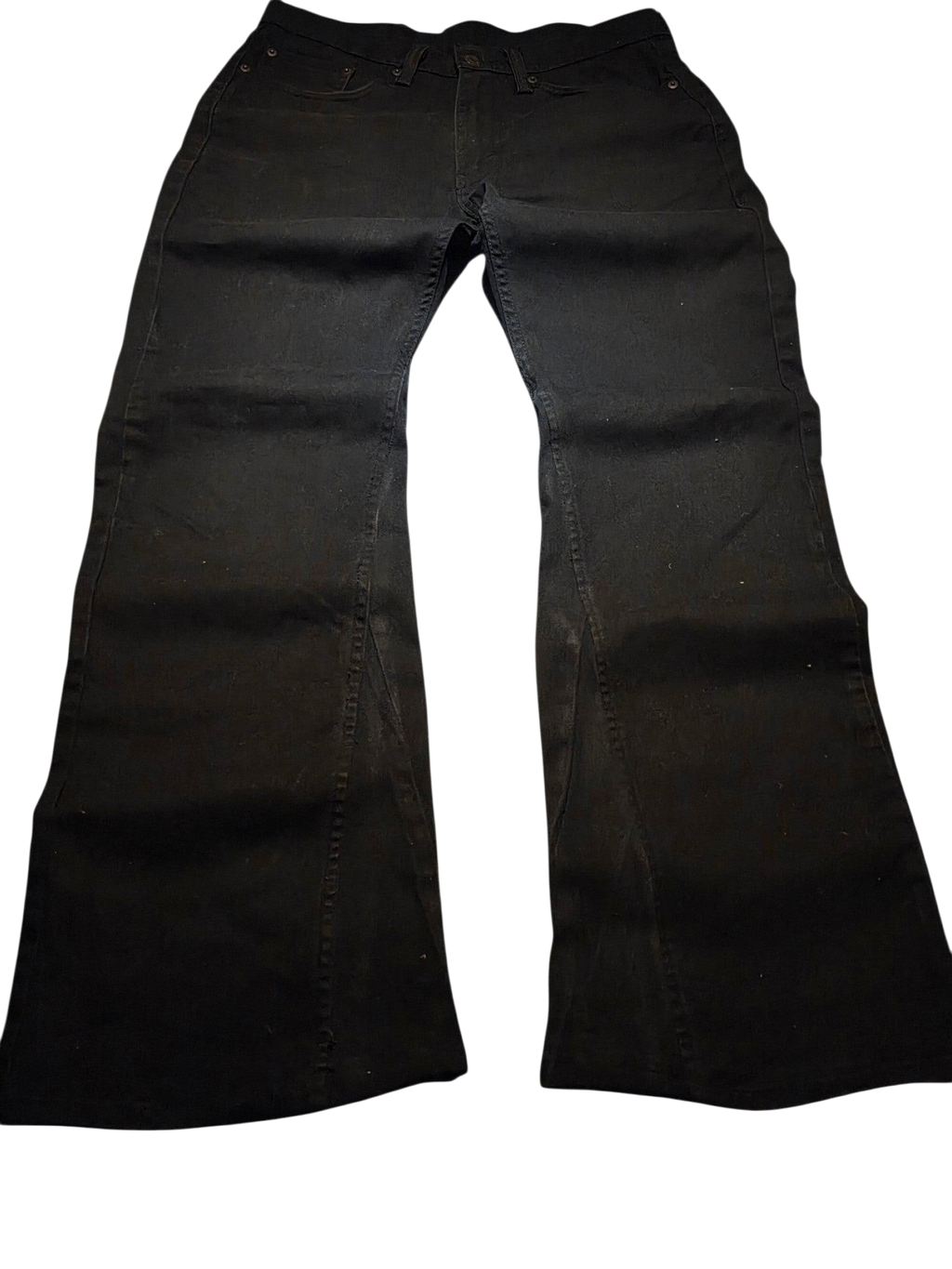 R3VIVED custom black Levi's 514 bootcut jeans with flared leg opening on a dark grey surface