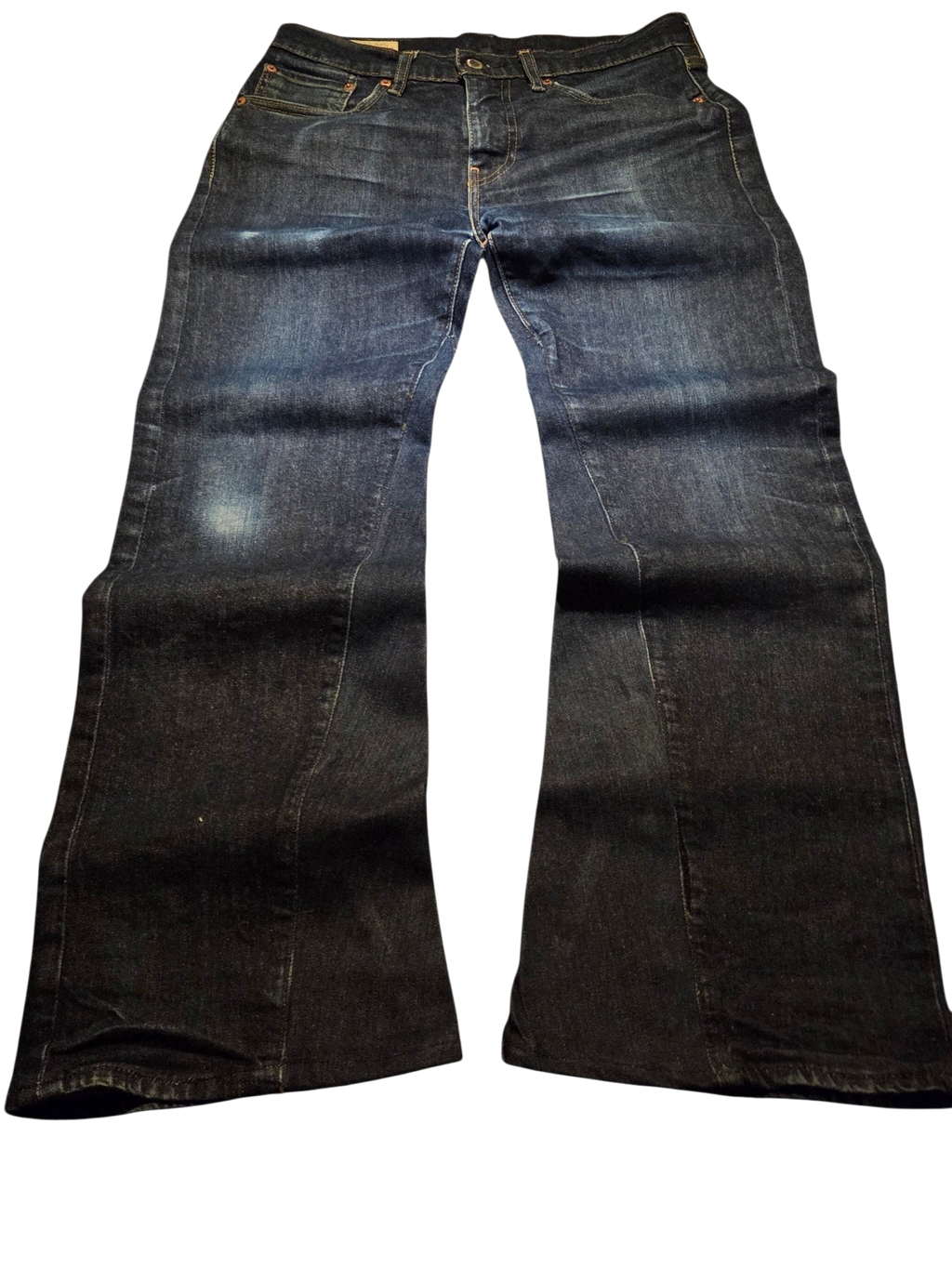 R3VIVED custom Levi's 511 bootcut jeans in deep blue denim with gold accent stitching