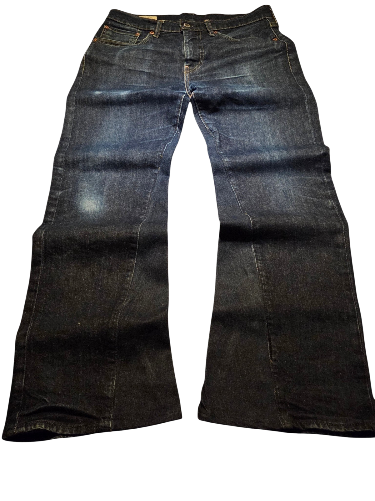 R3VIVED custom Levi's 511 bootcut jeans in deep blue denim with gold accent stitching