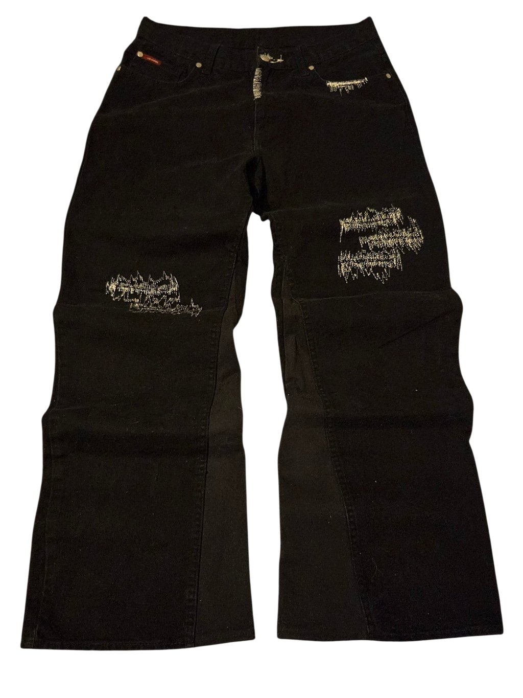 R3VIVED reworked black Lee Cooper bootcut jeans with distressed embroidered detailing on the knees.
