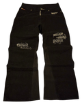 R3VIVED reworked black Lee Cooper bootcut jeans with distressed embroidered detailing on the knees.
