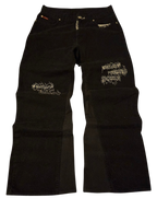 R3VIVED reworked black Lee Cooper bootcut jeans with distressed embroidered detailing on the knees.