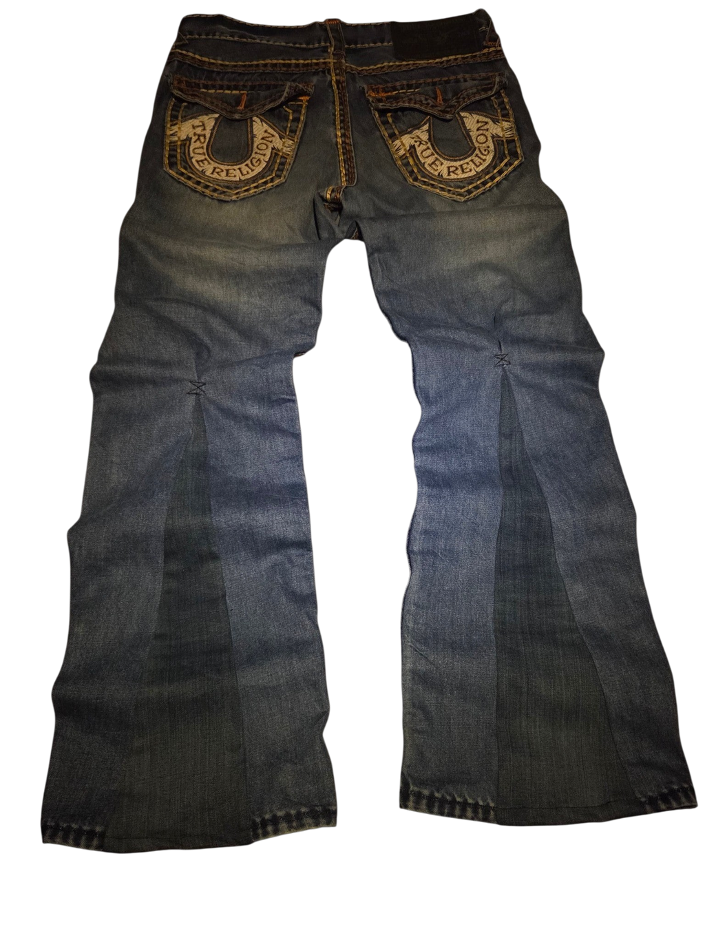 R3VIVED custom True Religion bootcut jeans in blue denim with contrast stitching and flared leg panel detail
