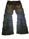 R3VIVED custom True Religion bootcut jeans in blue denim with contrast stitching and flared leg panel detail