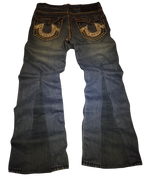 R3VIVED custom True Religion bootcut jeans in blue denim with contrast stitching and flared leg panel detail