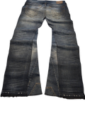 R3VIVED custom True Religion blue denim bootcut jeans with wide flared leg openings and distressed frayed hems