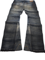 R3VIVED custom True Religion blue denim bootcut jeans with wide flared leg openings and distressed frayed hems