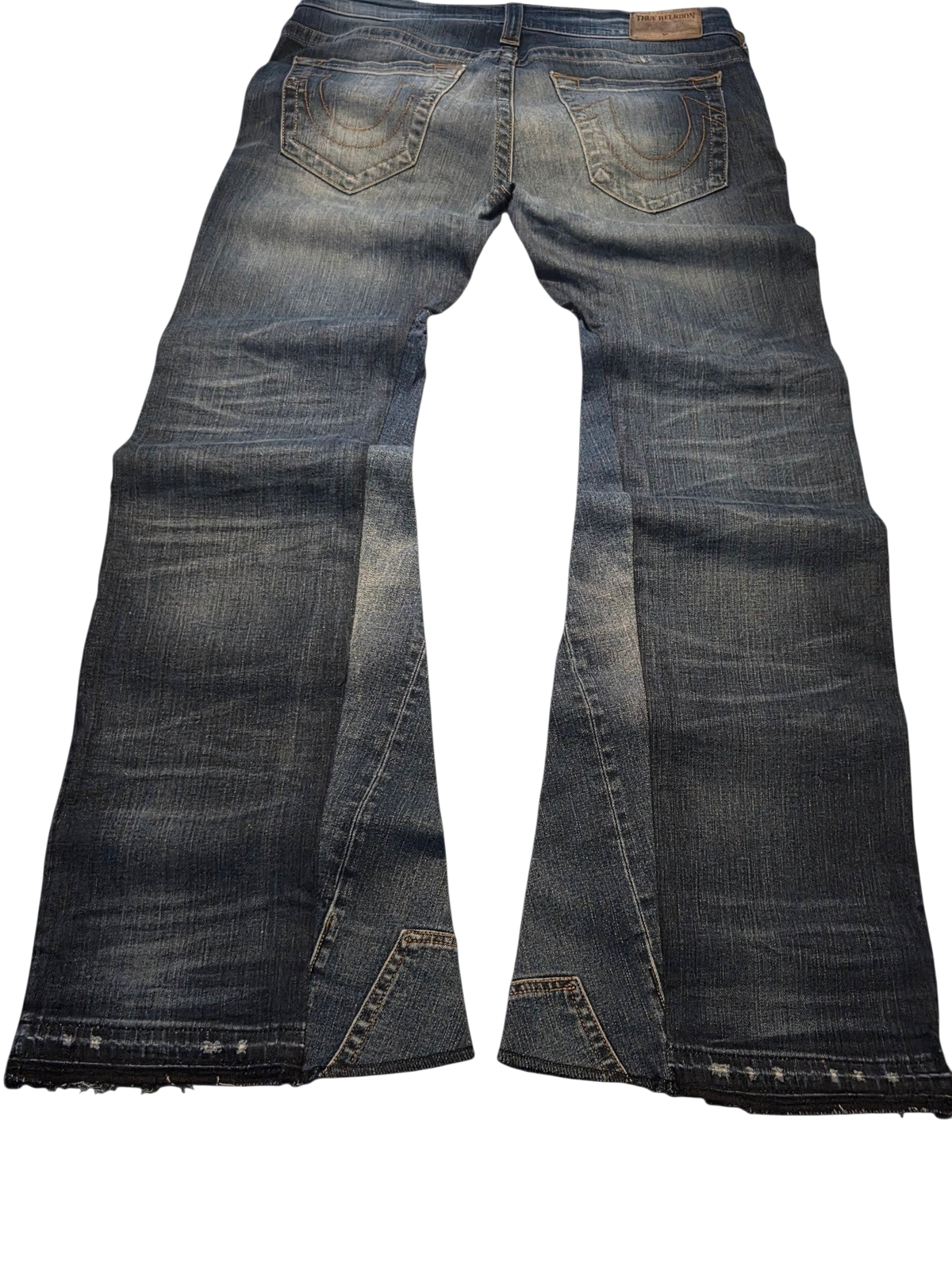R3VIVED custom True Religion blue denim bootcut jeans with wide flared leg openings and distressed frayed hems