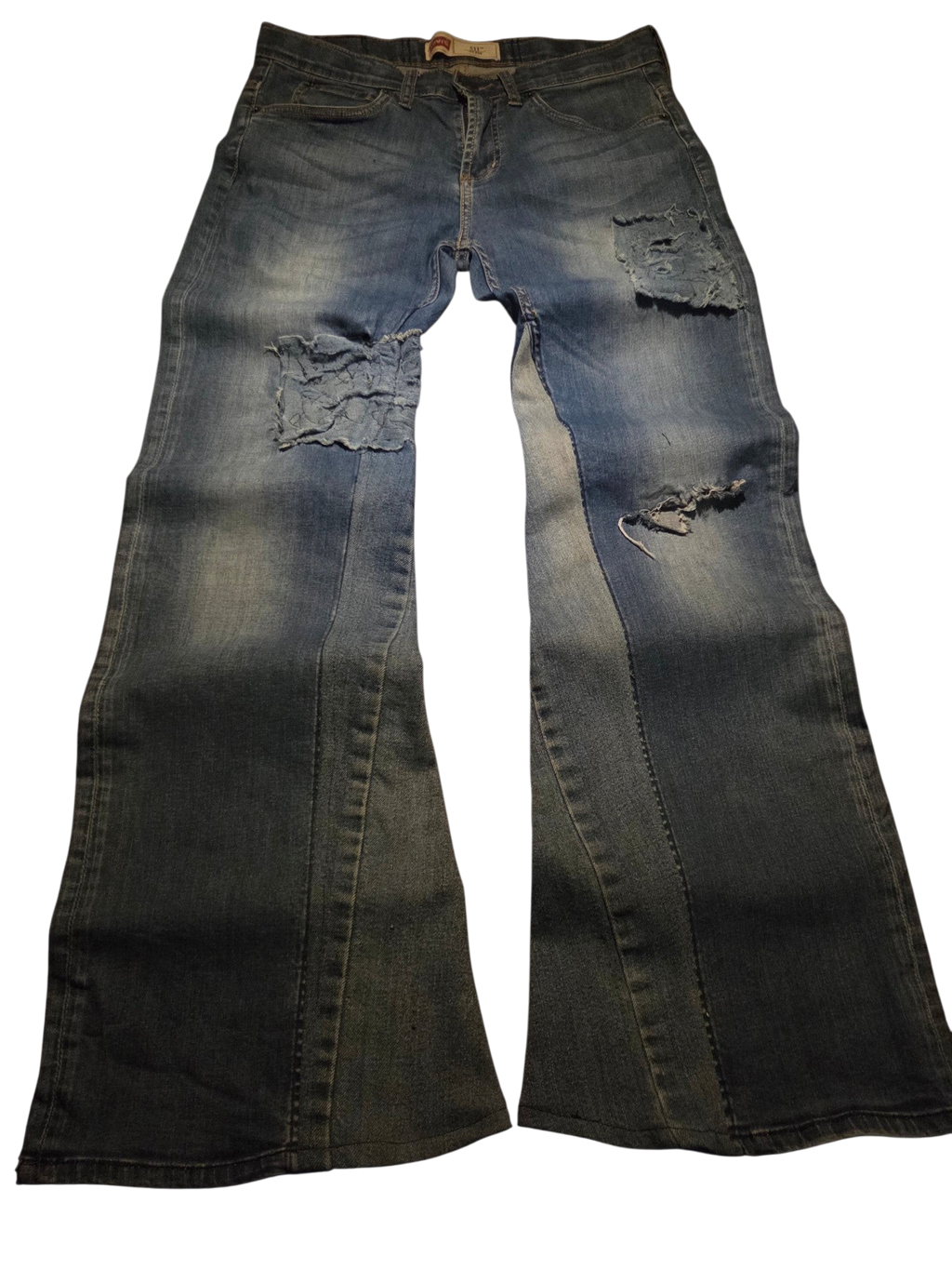 R3VIVED custom Levis 511 bootcut jeans in blue denim with distressed patches and a wide 12 inch leg opening