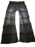 R3VIVED custom Levis 511 bootcut jeans in blue denim with distressed patches and a wide 12 inch leg opening
