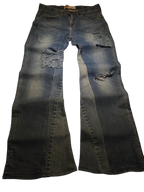 R3VIVED custom Levis 511 bootcut jeans in blue denim with distressed patches and a wide 12 inch leg opening