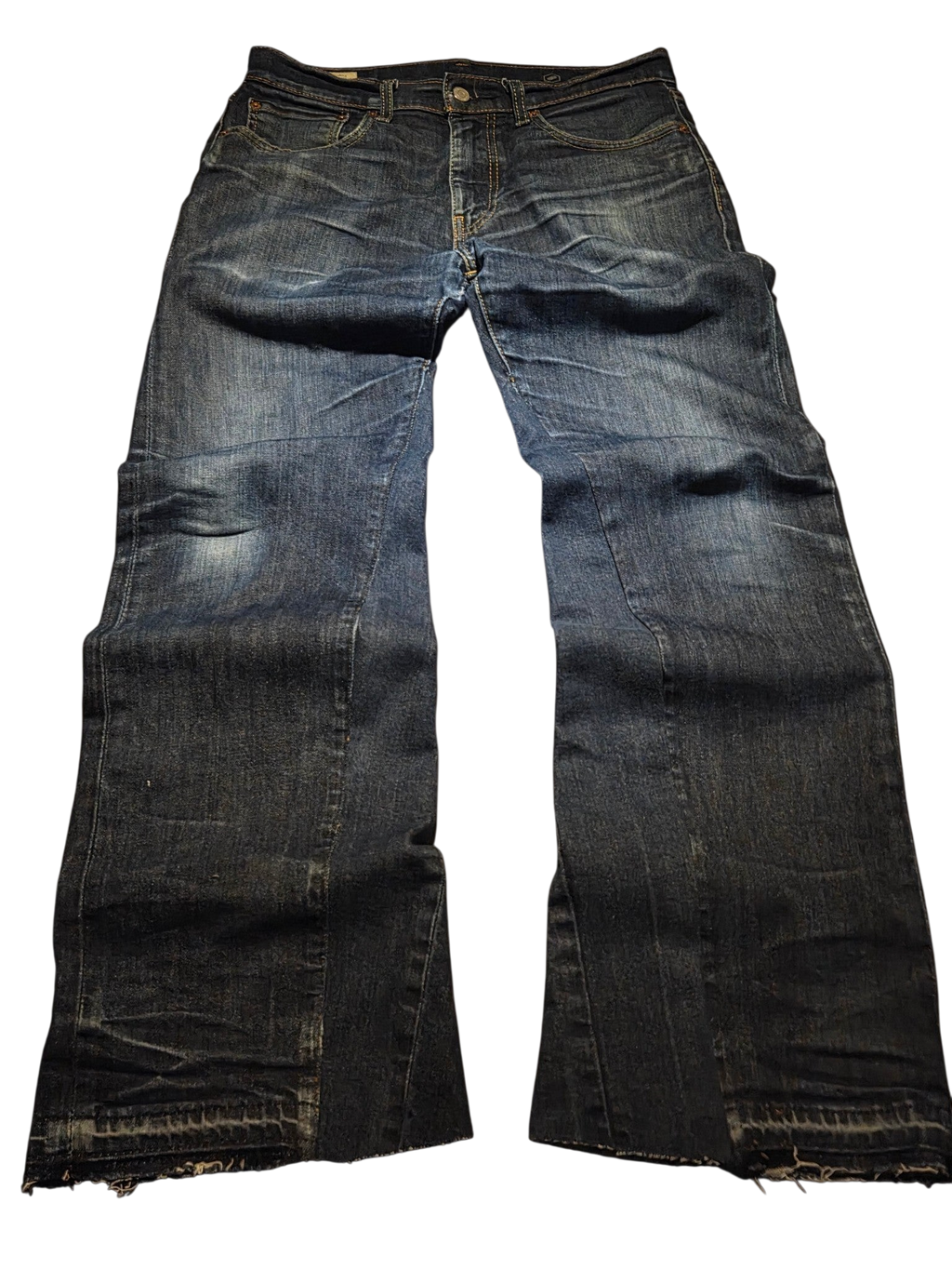R3VIVED custom Levi's 511 bootcut jeans in dark blue denim with a frayed hem and subtle whiskering detail.