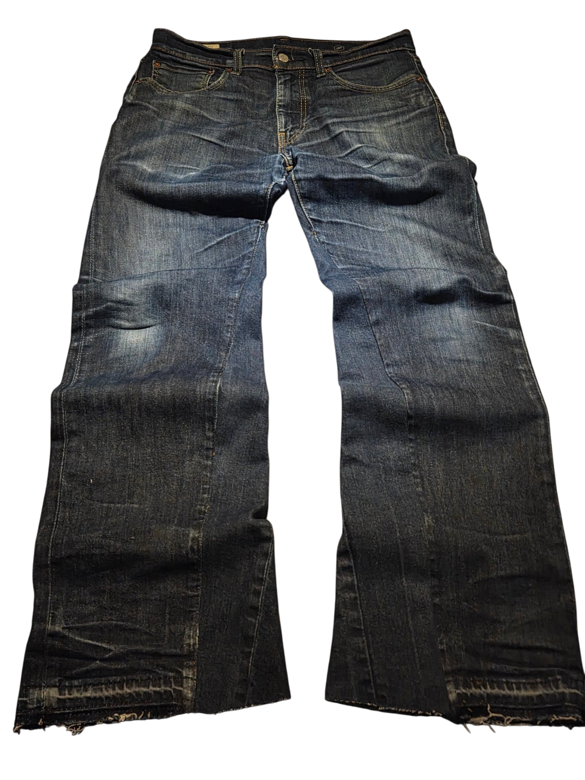 R3VIVED custom Levi's 511 bootcut jeans in dark blue denim with a frayed hem and subtle whiskering detail.