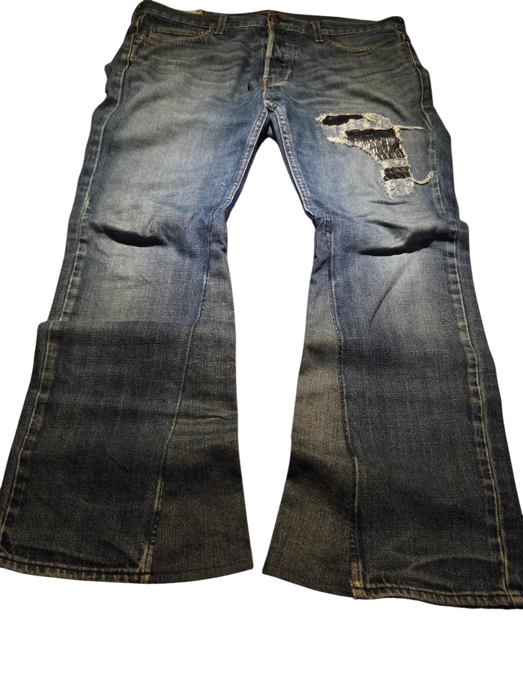 R3VIVED custom blue denim bootcut jeans with leather patch distressing and flared leg opening