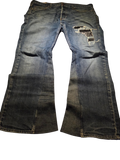 R3VIVED custom blue denim bootcut jeans with leather patch distressing and flared leg opening