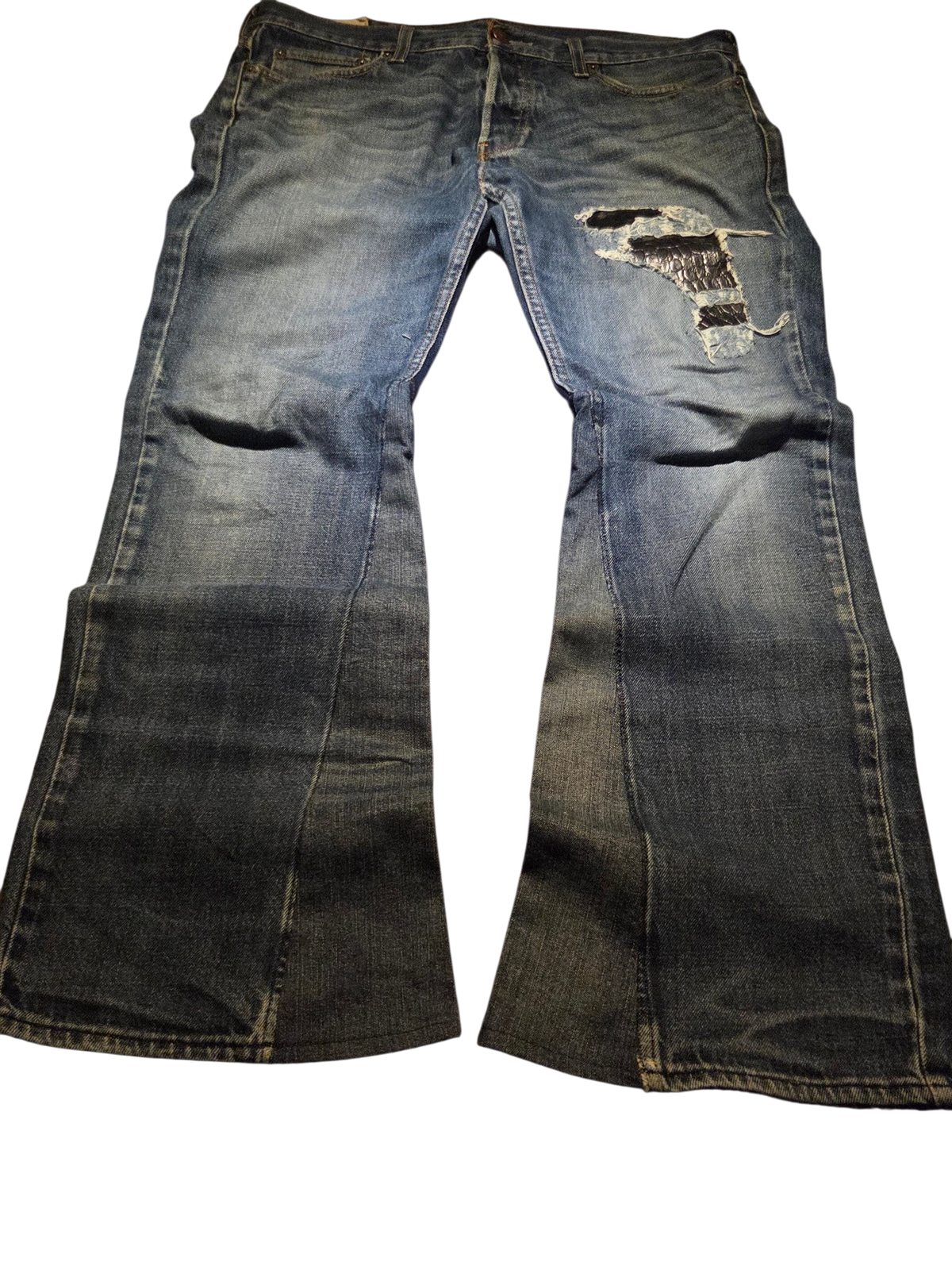 R3VIVED custom blue denim bootcut jeans with leather patch distressing and flared leg opening