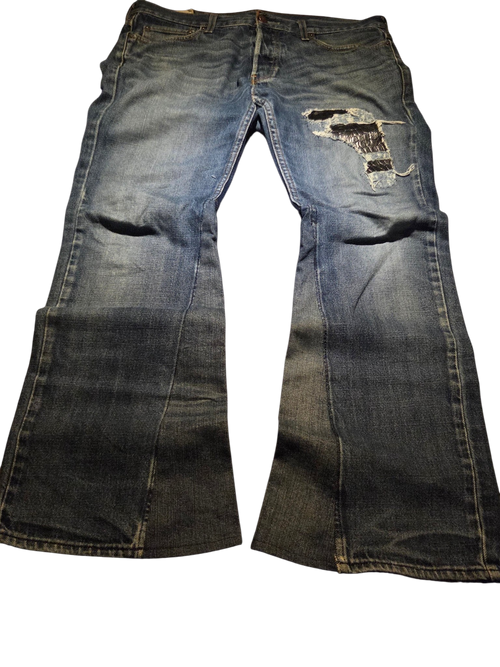 R3VIVED custom blue denim bootcut jeans with leather patch distressing and flared leg opening